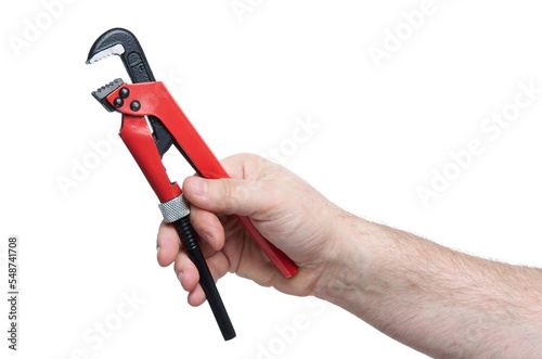 Close up of hand with iron red and black wrench isolated on white background with clipping path