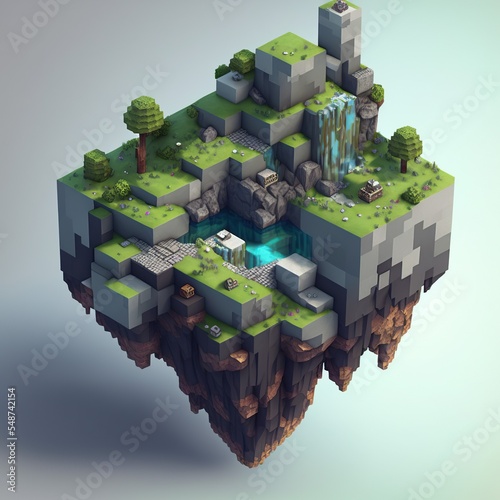 Floating isometric Minecraft chunk. generative ai