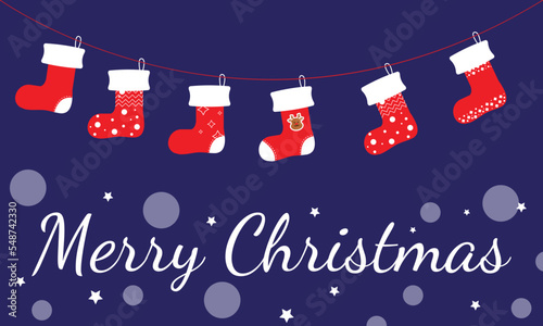 Hanging cute red socks on the blue background. Merry Christmas stockings with traditional holiday ornaments. cartoon vector illustration.
