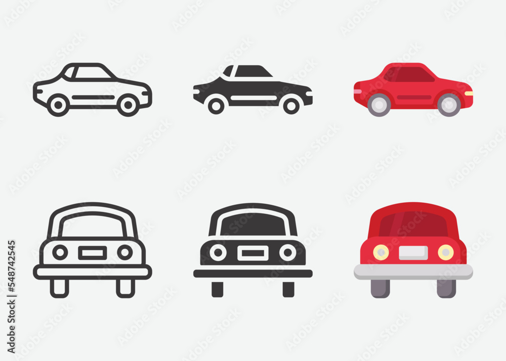 Car icon set. Different cars collection, Car in flat style and outline. Vector