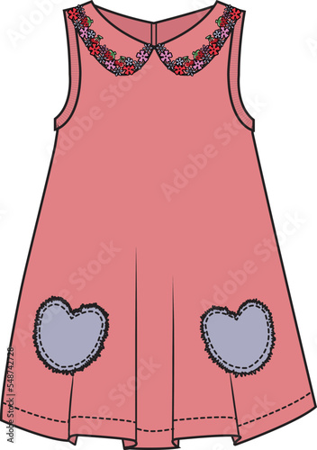 KIDS AND TEEN GIRLS KNIT DRESS WITH EMBROIDERY PETER PAN COLLAR VECTOR