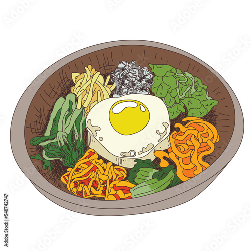 hand drawn korean food Bibimbap illustration. Vector illustration of a bibimbap recipe. Traditional Korean dish Bibimbap with fried egg, squid, shrimp, cucumber, soy sprouts and seaweed. Asian food.