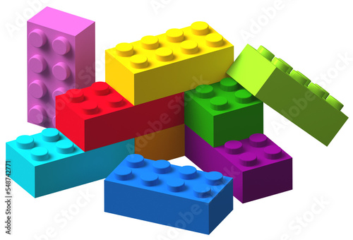 Pile of rainbow color plastic building toy blocks 3D isolated photo