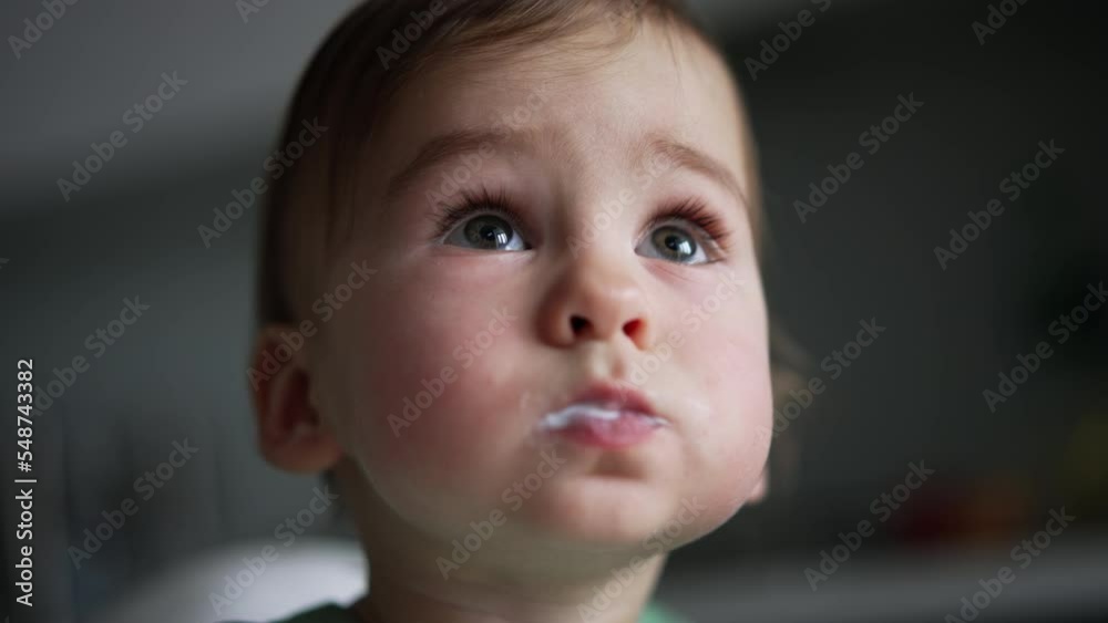 Lovely kid with adorable cheeks eating the dairy and looking up. Portrait of a baby nourished and interested in something above him. Close up.
