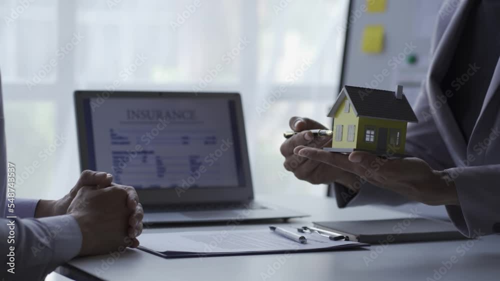Real estate agent showing house with introduction document with house key, home insurance concept, family insurance, rent sale 4k video Real estate agent showing house with introduction document with house key, home insurance concept, family insurance, rent sale 4k video