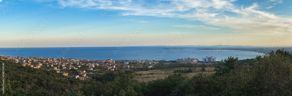 Sea panorama from mountain to town of Nessebar in Bulgaria