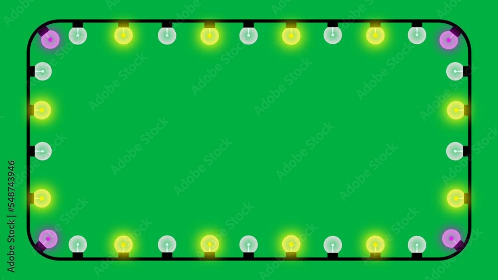 blue, yellow and pink blinking bulb light fram on green screen. concept for celebration, festival and decoration.