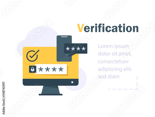 2fa authentication password secure notice login verification or sms with push code message shield icon in smartphone phone and laptop computer pc vector flat colorful