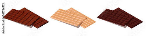 Vector illustration of chocolate bars isolated on white background. Set of white, dark and milk chocolate icons. Dessert.