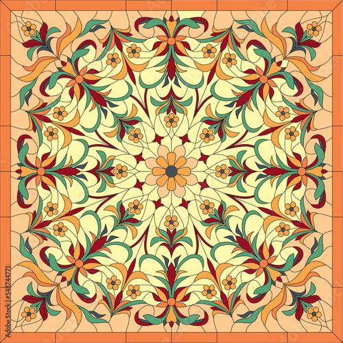 Vector square burgundy pattern for ceiling stained glass. Classic pattern for interior decoration. European ornament.