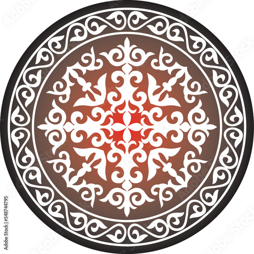 Vector red round kazakh ornament shanyrak. circle on the roof of the yurt. Patterns of the peoples of the great steppe. Asian border in a circle. Mongolia, Kalmykia, Bashkiria, Buryatia, Kyrgyzstan.