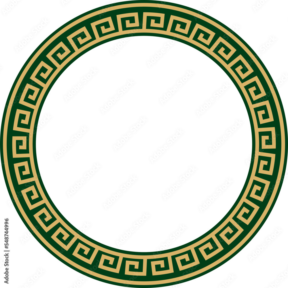 Vector round gold and green classic frame. Greek meander. Patterns of Greece and ancient Rome. Circle european border Vector round gold and green classic frame. Greek meander. Patterns of Greece and ancient Rome. Circle european border