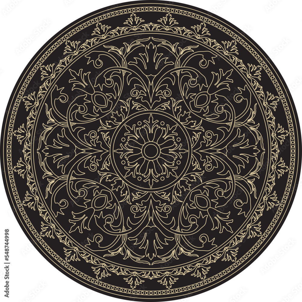 Vector round golden classic ornament. A circle with a europe gold pattern on the black background. Ceiling decoration, ancient Rome, Greece