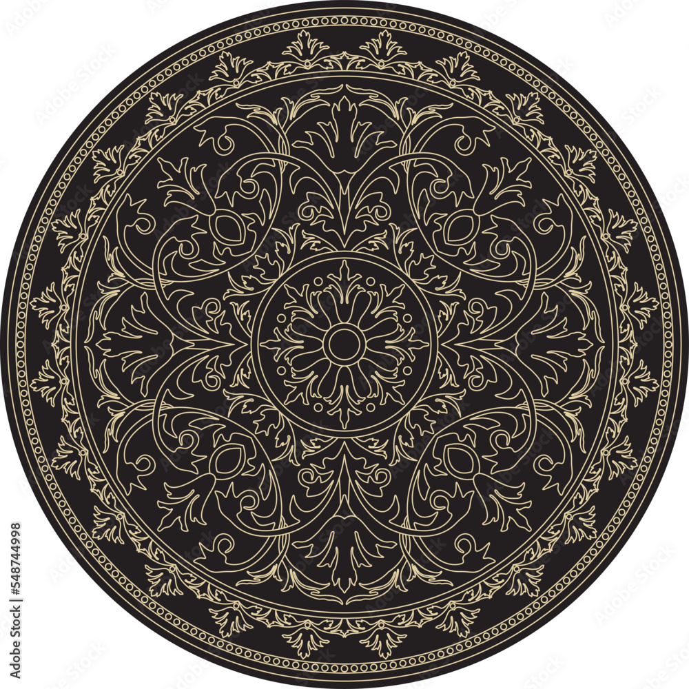 Vector round golden classic ornament. A circle with a europe gold pattern on the black background. Ceiling decoration, ancient Rome, Greece Vector round golden classic ornament. A circle with a europe gold pattern on the black background. Ceiling decoration, ancient Rome, Greece