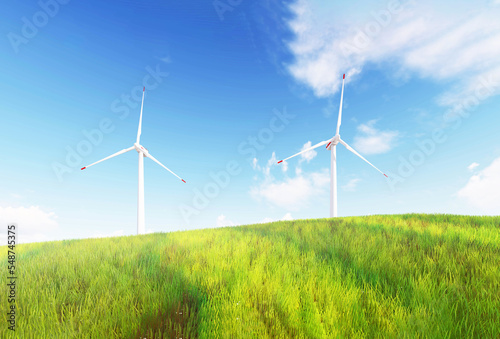 Panoramic view of wind farm or wind park, with high wind turbines for generation electricity with copy space. green energy concept. Windmills in the on a beautiful bright day. 3d rendering.
