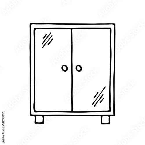 Wardrobe with doors. Home wardrobe. Wooden furniture for the interior of the room. Vector black and white isolated illustration. Hand drawn outline sketch