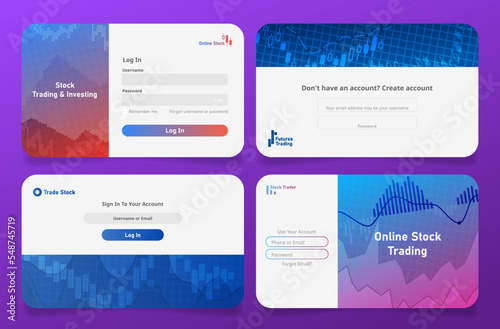Stock trading and investing online service log in sign up account set vector illustration