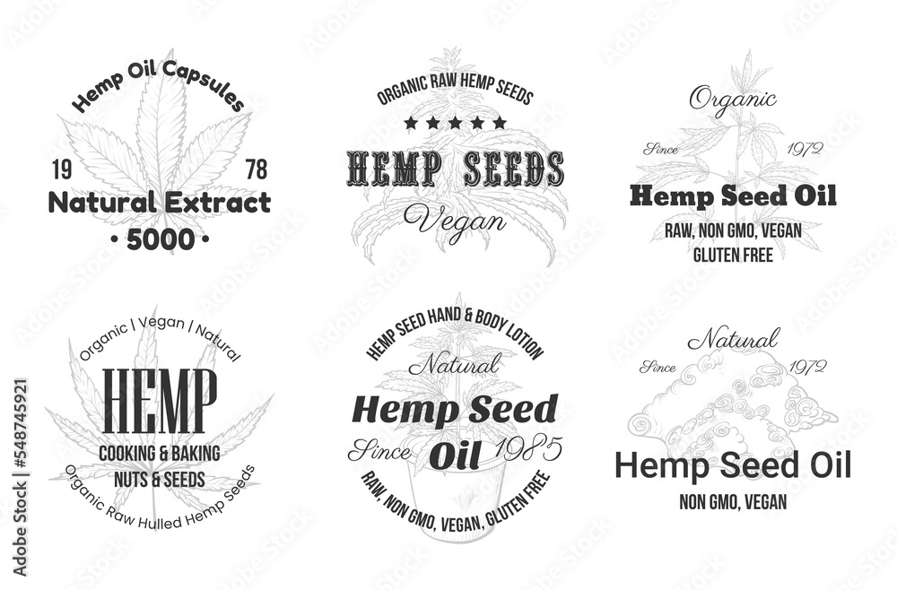 Organic raw hemp monochrome emblem set vector illustration. Cannabis herbal seeds oil nutrition