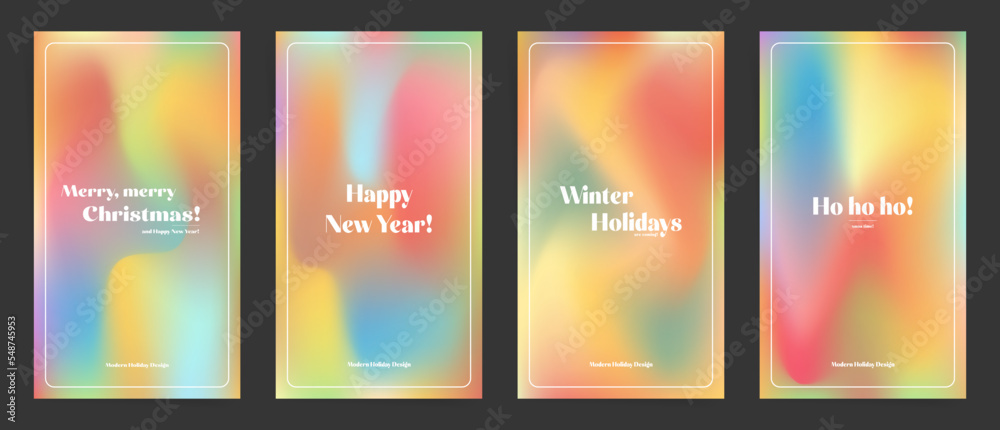 Set of retro gradient Christmas and New Year story templates in trendy groovy vintage design. 90s style mesh rainbow vector illustration post background.