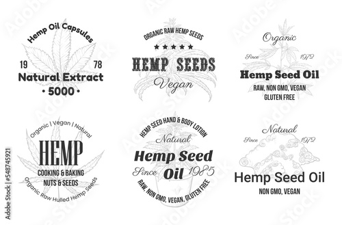 Organic raw hemp monochrome emblem set vector illustration. Cannabis herbal seeds oil nutrition