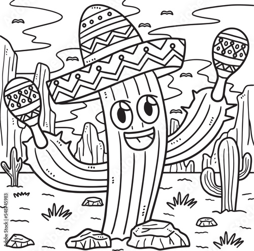 Cinco de Mayo Cactus With Sombrero Coloring Page 