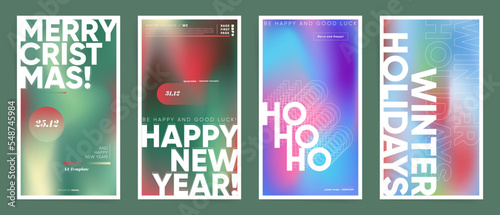 Merry Christmas and Happy New Year story templates. Set of gradient backgrounds with text and frames for social stories, postcards, posts. Modern blurry colorful winter holidays prints.