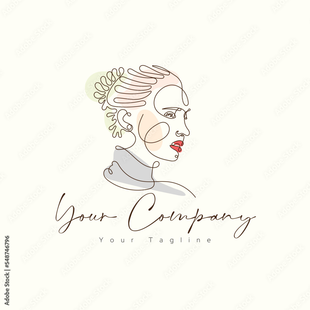 Minimal beautiful woman logo and leaf design in elegant line art style logo. Minimal beautiful woman logo and leaf design in elegant line art style logo.