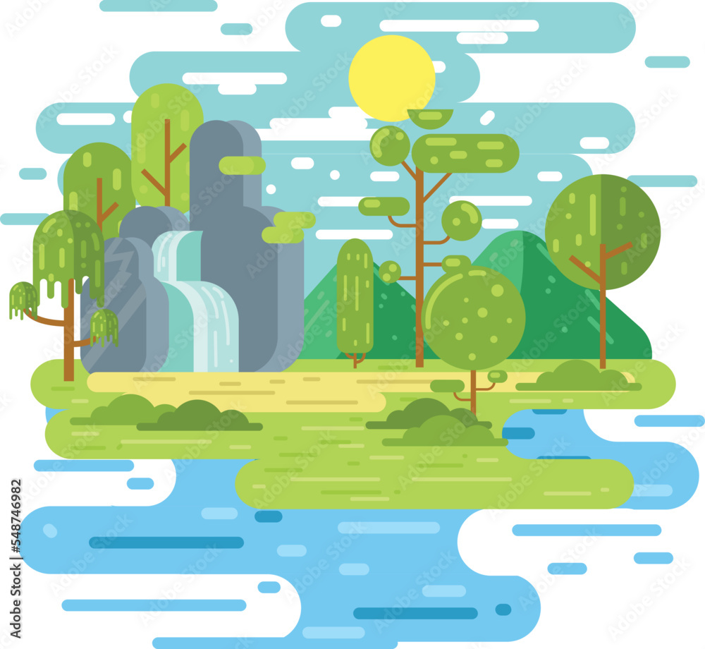waterfall and forest with flat design illustration