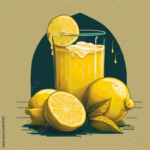 Yellow Lemon Juice Vector Illustration . Lemonade smoothie on Glass and Lemon Fruits