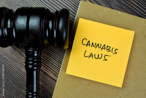 Concept of Cannabis Laws write on sticky notes with gavel isolated on Wooden Table. photo