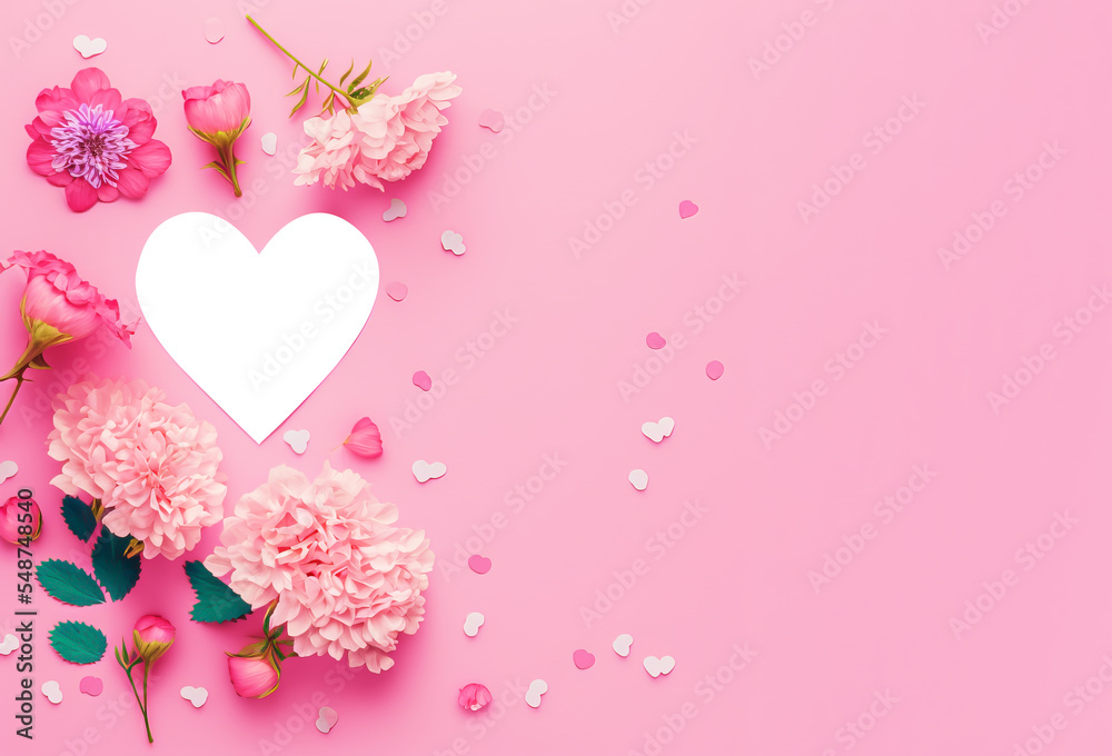 Valentines day concept. Mother's day concept. Valentine's Day background. Pink flowers, hearts on pastel pink background. Flat lay, top view, copy space
