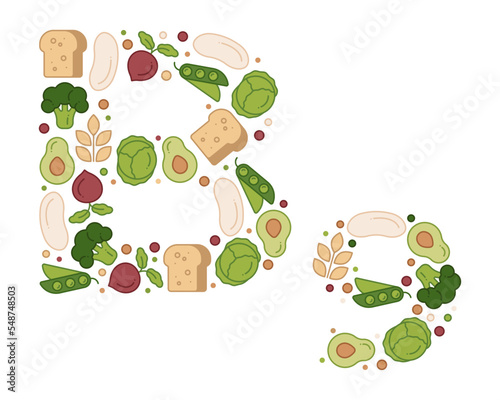 Vitamin B9 poster. Composition of products containing B9 in the shape of the letter. Vector illustration