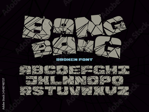 Font set with vector letters in cracked broken shape