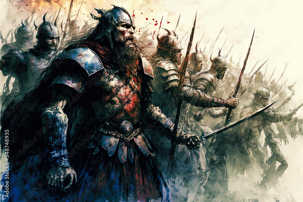 Fantasy concept art featuring viking barbarian warriors in a