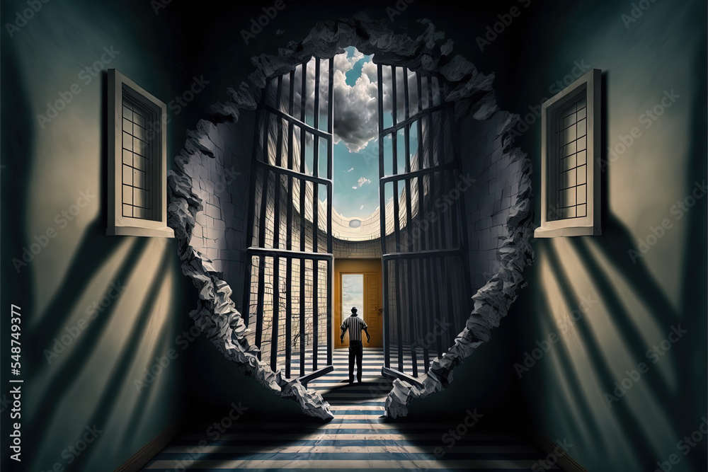 Abstract digital artwork featuring a prisoner breaking out of his cell