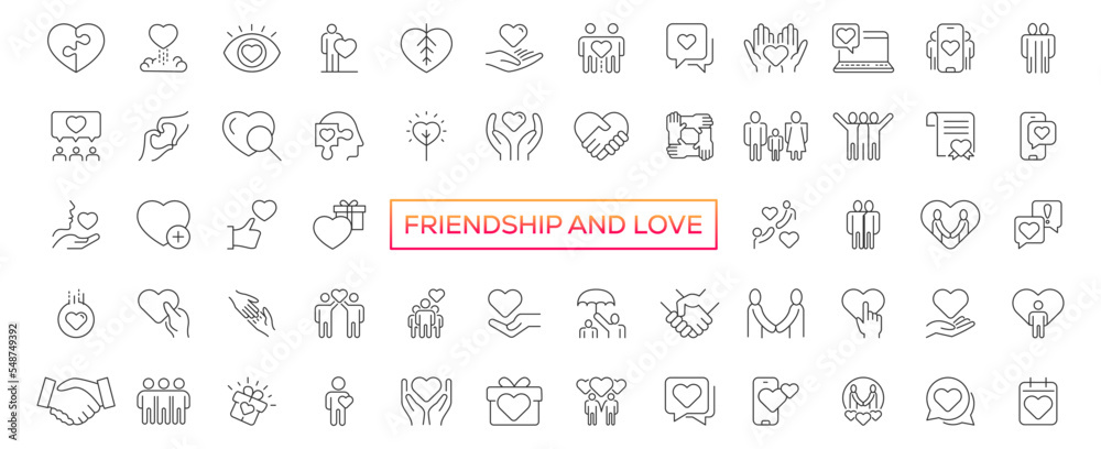 Friendship and Love Vector Line Icons Set. Relationship, Mutual Understanding, Mutual Assistance, Interaction