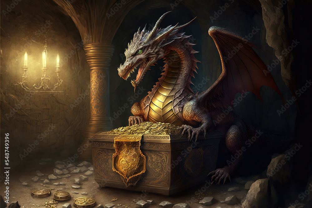 Fantasy dragon guarding a treasure chest full of gold in an underground ...