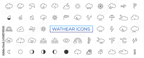 Weather icons set in line style, Weather isolated on white background. Clouds logo and sign, vector illustration