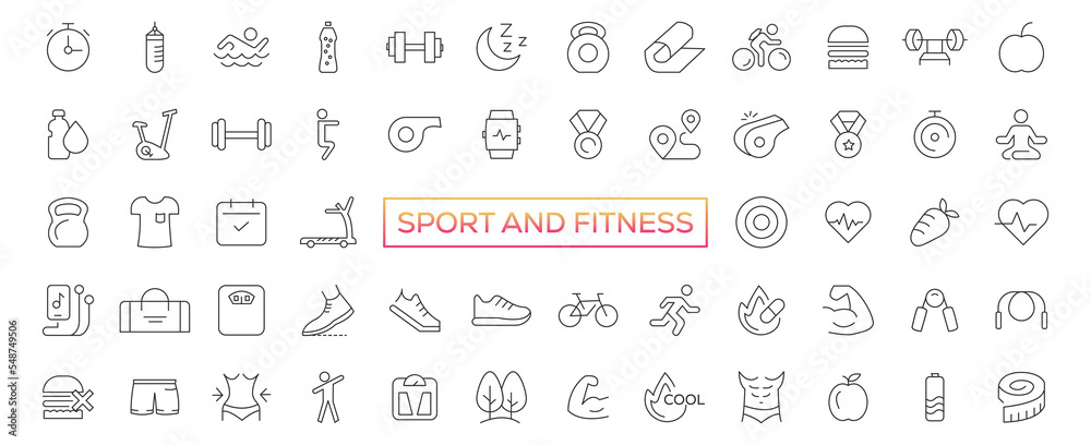 Fototapeta premium Sport and fitness - minimal thin line web icon set. Outline icons collection. Simple vector illustration