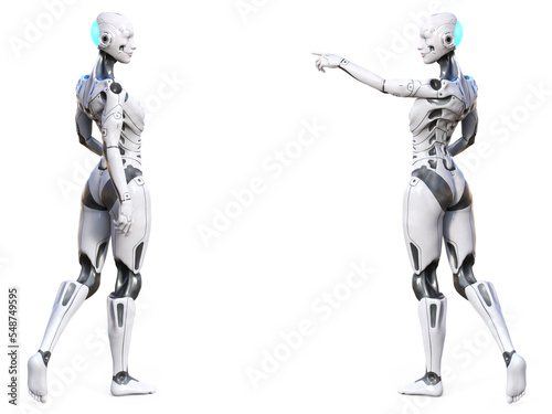 3D rendering of two female androids facing each other.