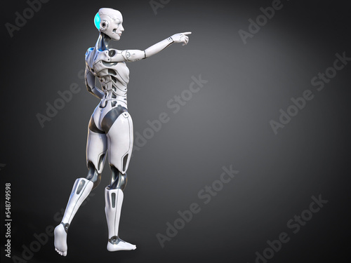 3D rendering of a female android pointing with greyish background.
