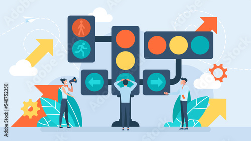 A confused man is faced with a choice. Many business rules. Traffic light. Various traffic lights show the way. Concept of rule, permission, prohibition, restriction. Flat vector illustration