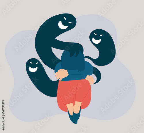 Evil whispering to a girl with dissociative identity disorder. Schizophrenic woman suffers from split personality hide her face. Concept of Schizophrenia symptoms, bipolar and mental health disorder.