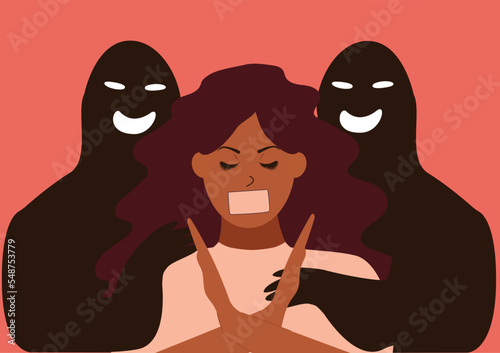 Woman suffers from sexual harassment, assault, bullying. Young female expresses disagreement and says stop, no to abuse. Girl needs help due to domestic violence. Stop Violence against women concept.
