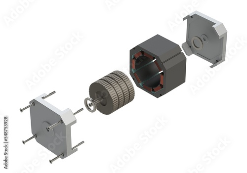 Stepper motor exploded view 3D rendering isolated on white background