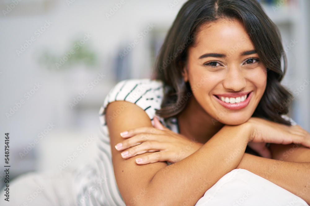Portrait, black woman and smile on sofa, happy and relax in lounge being peaceful and content. Young female, confident girl and happiness to rest, calm or break for weekend, joy or on couch in lounge Portrait, black woman and smile on sofa, happy and relax in lounge being peaceful and content. Young female, confident girl and happiness to rest, calm or break for weekend, joy or on couch in lounge