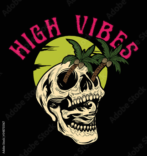 High vibes.with neon colors ,palms and skull t shirt print design.