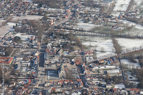 Views from above of Belgium from an airplane. Different city views of the air.