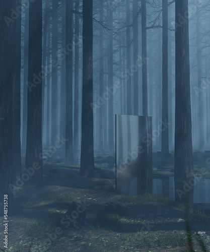 Sci-Fi mystical surreal dark forest with God rays and mirror. 3d render  3d illustration.