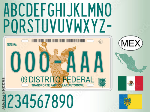 Mexico, license plate of the Federal District with numbers, letters and symbols, vector illustration
